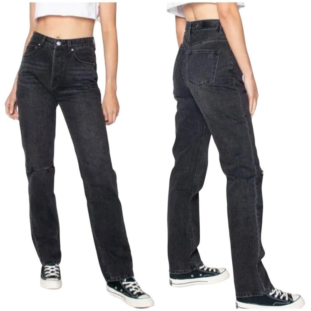 ZGY Denim Size 24 Straight Up Hi Rise Relaxed Straight Jeans Black Distressed - Picture 4 of 7